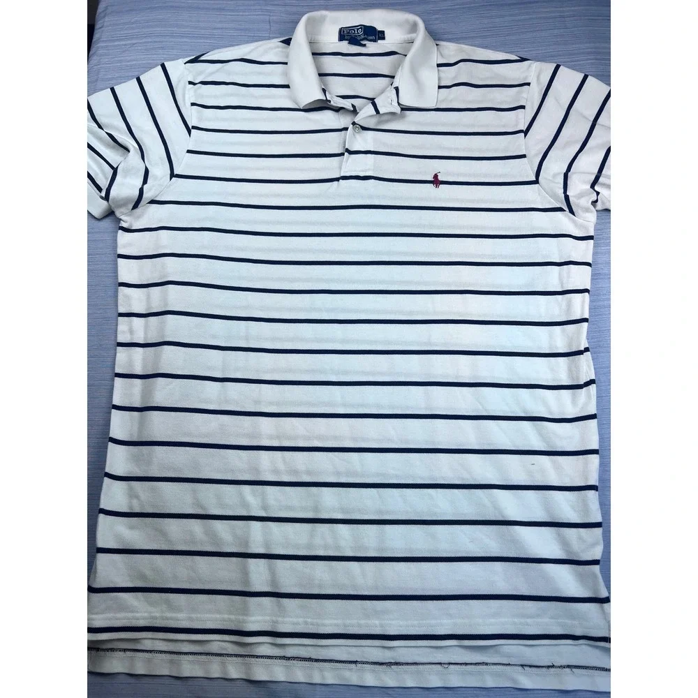 Polo‎ Ralph Lauren Mens XL White Navy Blue Striped Cotton Pique Polo Shirt